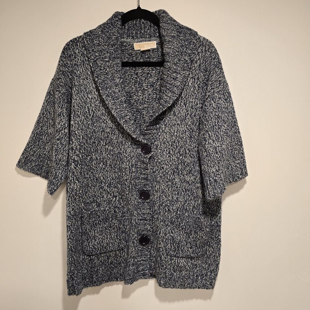 Michael Kors Knitted Sweater Cardigan Short Sleeve Button Up Large Marled Blue